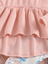 Sweet Outfits 2pcs Girls, Flutter Trim Long Sleeve Pullover + Flora Print Pants Set Kids Clothes Spring Fall