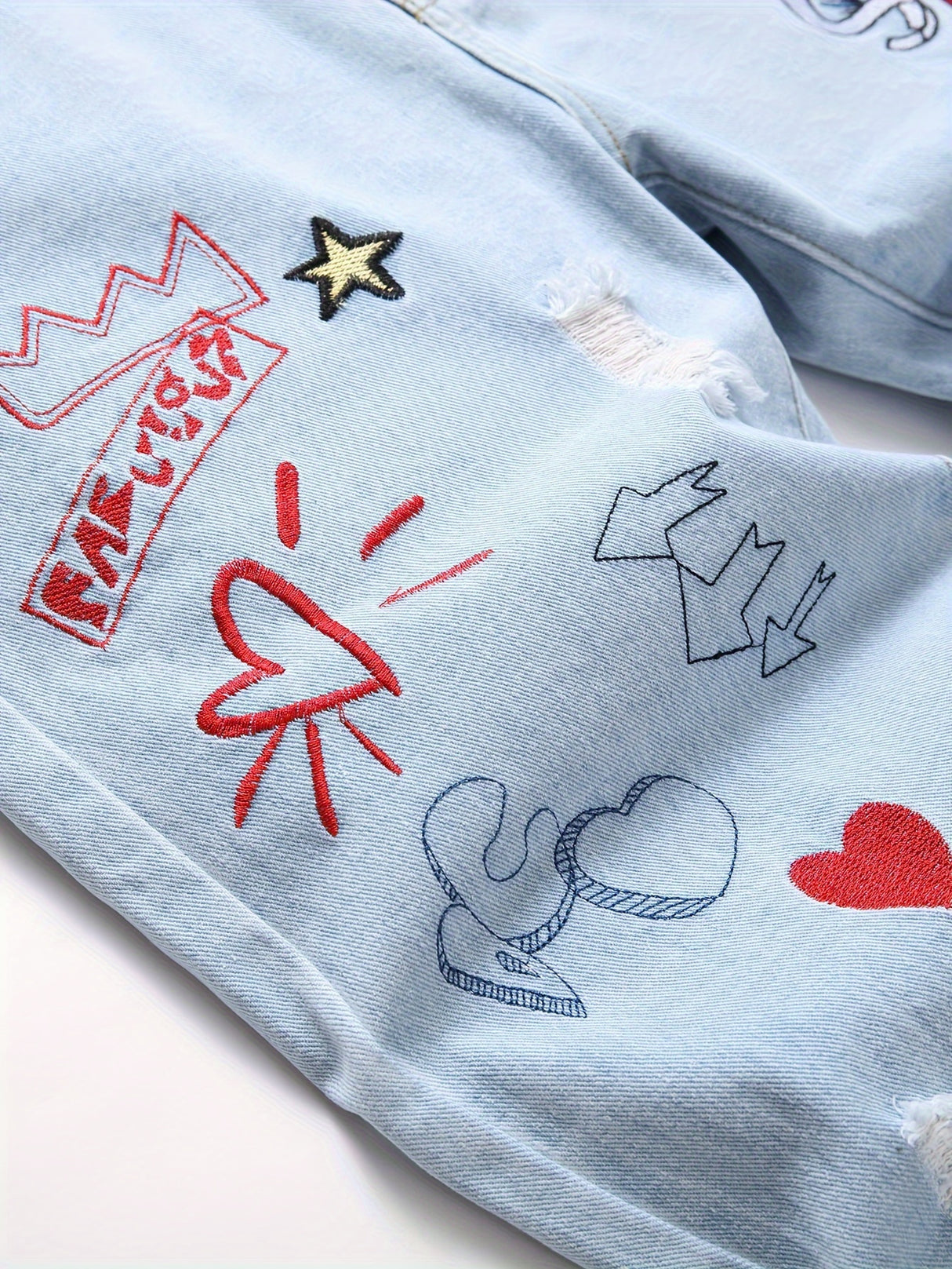 Men'S Slim Fit Letter & Heart Embroidered Ripped Jeans for men