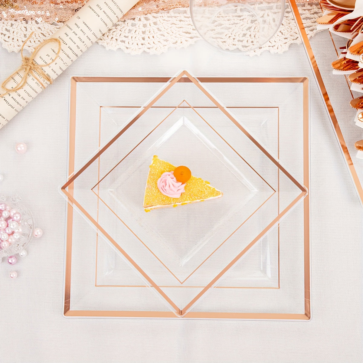 175 PCS Clear Gold Plastic Plates, Gold Plastic Dinnerware Sets Includes: 25 Dinner Plates, 25 Salad Plates, 25 Pre Rolled Napkins with Gold silverware, 25 Cups 9 OZ, Perfect for Wedding and Party (gold/rose gold), Hand washa