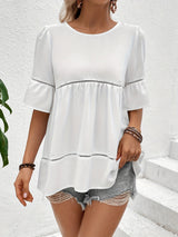 Solid Ruffle Trim Blouse, Vacation Cut Out Crew Neck Summer Blouse, Women's Clothing