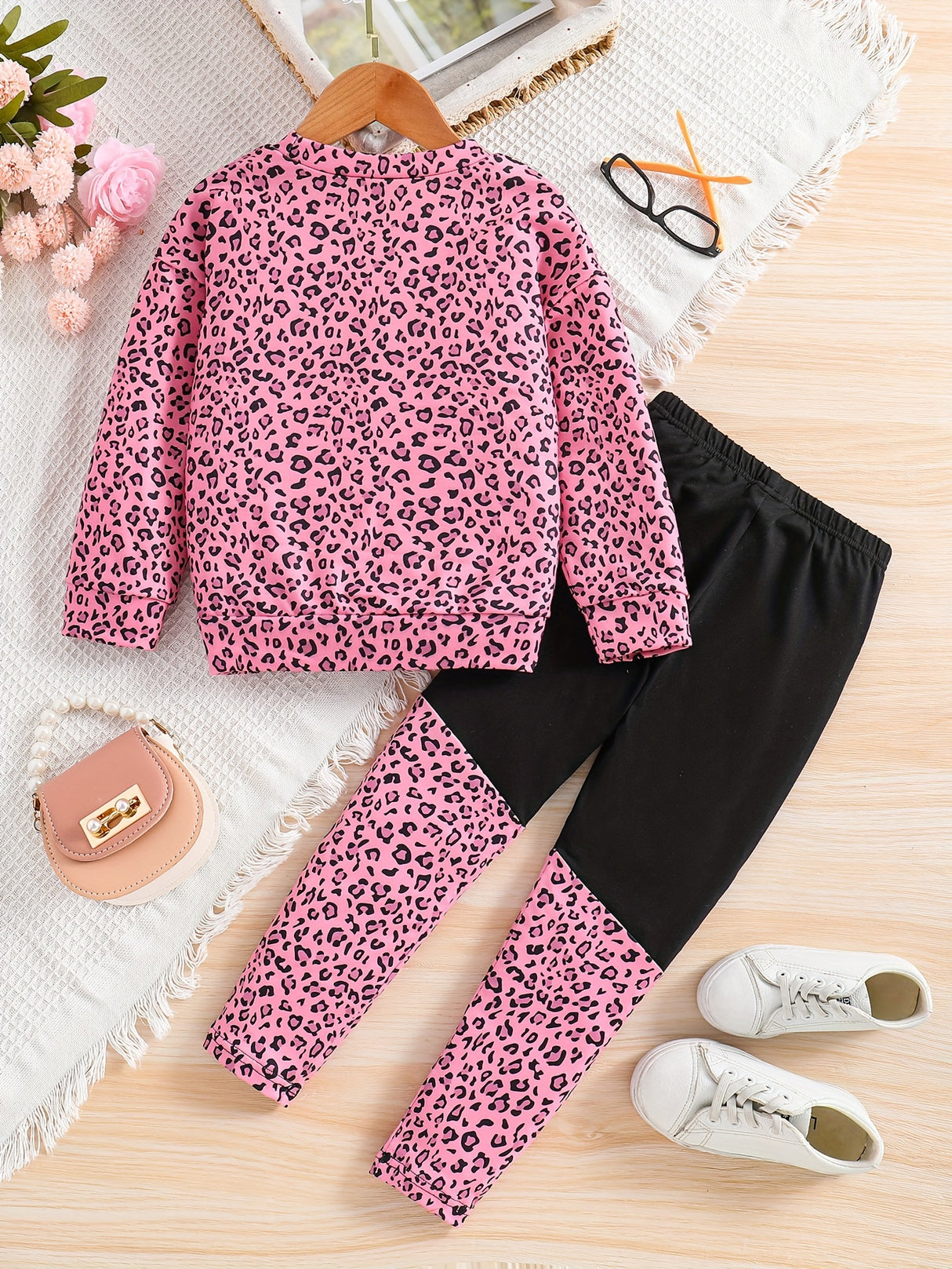 Girl's Camouflage Pattern 2pcs, Long Sleeve Top & Pants Set, Anime Sunglasses Girl Print Casual Outfits, Kids Clothes For Spring Fall