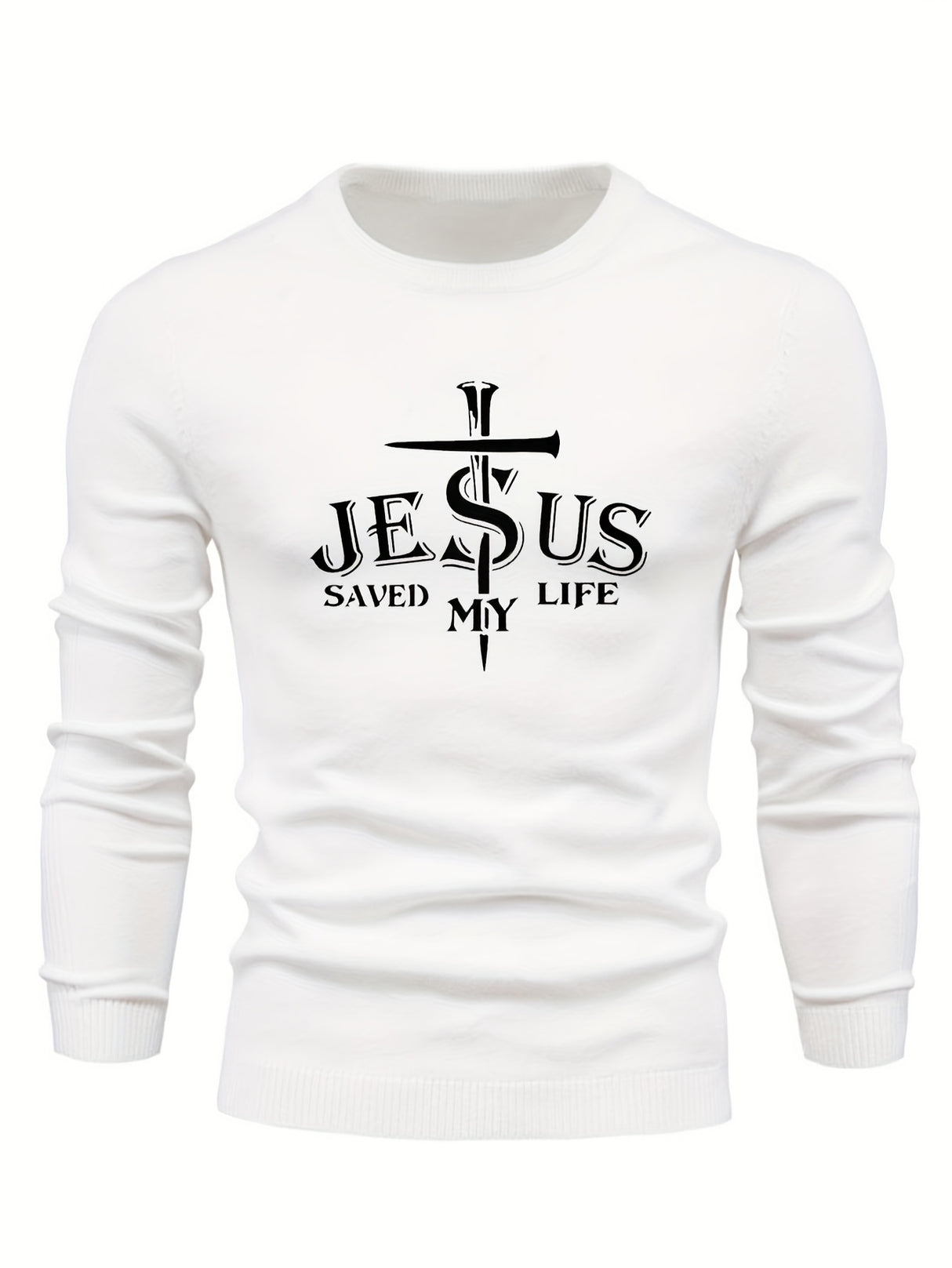 Jesus Saved My Life Print All Match Knitted Sweater, Men's Casual Warm Mid Stretch Crew Neck Pullover Sweater For Men Fall Winter