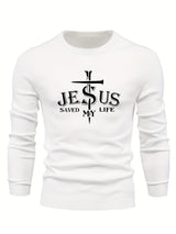 Jesus Saved My Life Print All Match Knitted Sweater, Men's Casual Warm Mid Stretch Crew Neck Pullover Sweater For Men Fall Winter