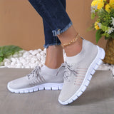 Womens All-Season Lace Up Knit Sneakers - Breathable Mesh Upper, Comfortable Fabric Insole, EVA Sole, Versatile Solid Color Running Shoes for Casual Wear