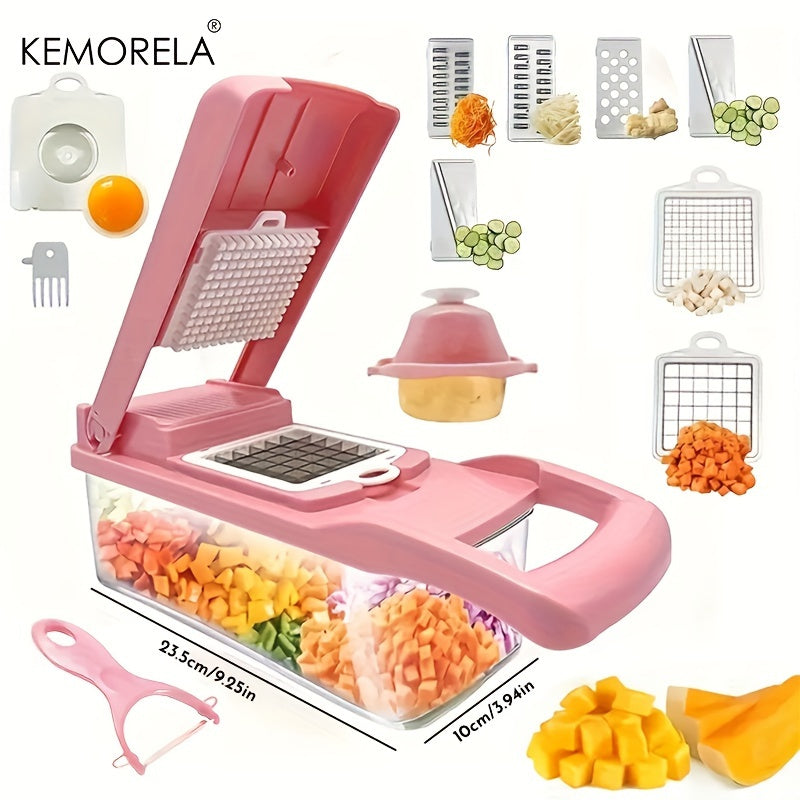 KEMORELA 16 in 1 Vegetable Chopper - Multifunctional Manual Food Slicer - Stainless Steel Blades, Plastic Mandoline Cutter with Interchangeable Grater Inserts - Fruit & Onion Mincer - Kitchen Gadget Essentials with Storage Co