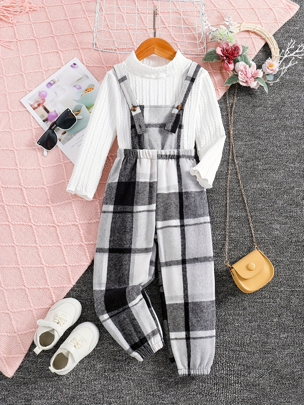 Girls 2pc, Solid Pullover Long Sleeve Top + Plaid Jumpsuit Kids Clothes For Spring Fall Outdoor