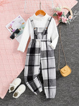 Girls 2pc, Solid Pullover Long Sleeve Top + Plaid Jumpsuit Kids Clothes For Spring Fall Outdoor