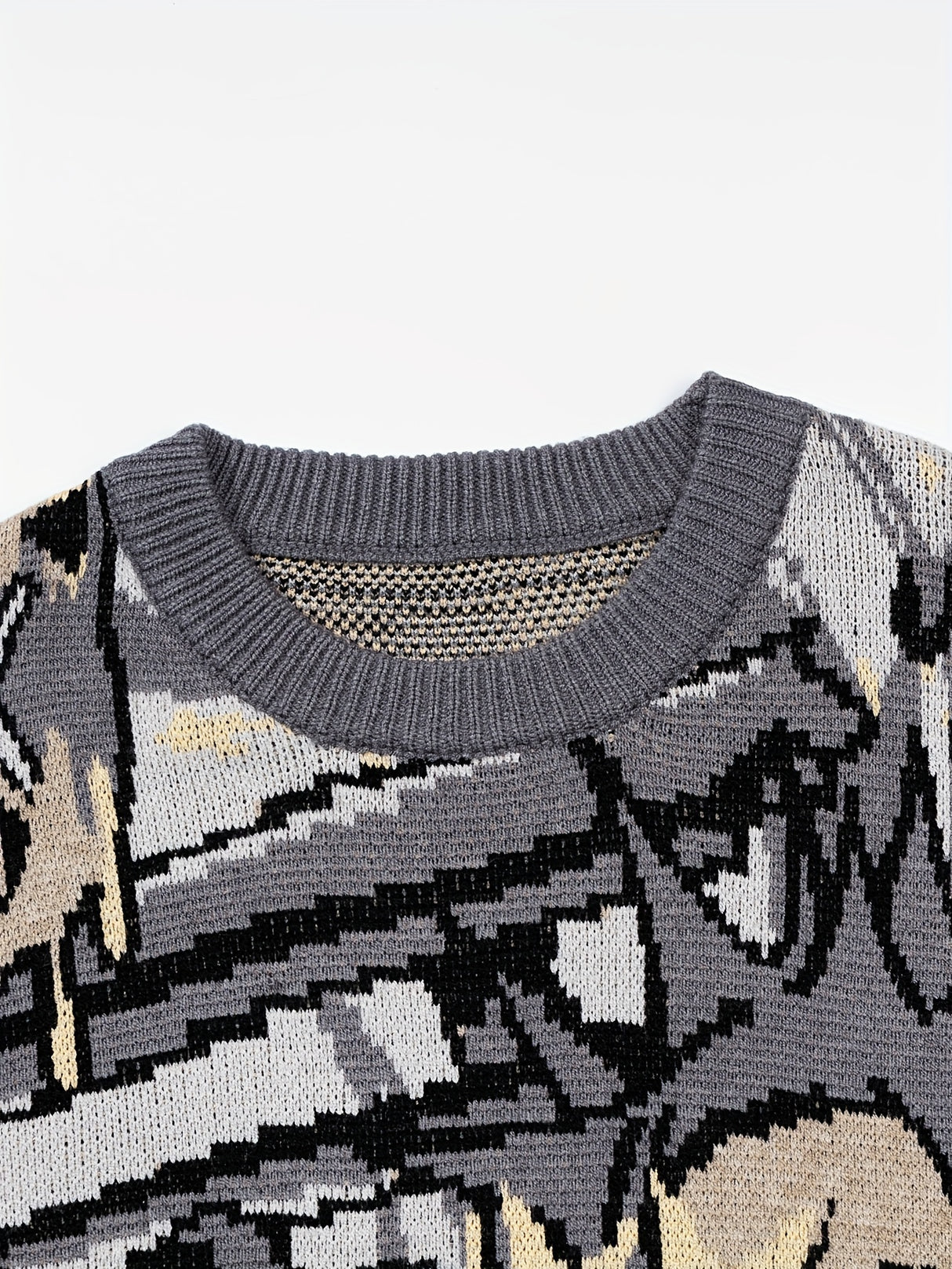 ANDREILEE Street Style Knit Pullover Sweater for Men - Crew Neck, Long Sleeve, Cartoon Pattern, Viscose Blend, Medium Stretch, Regular Fit, Casual Hip-Hop Fall/Winter Knitted Jumper - For Men - Suitable for Fall/Winter - Perf