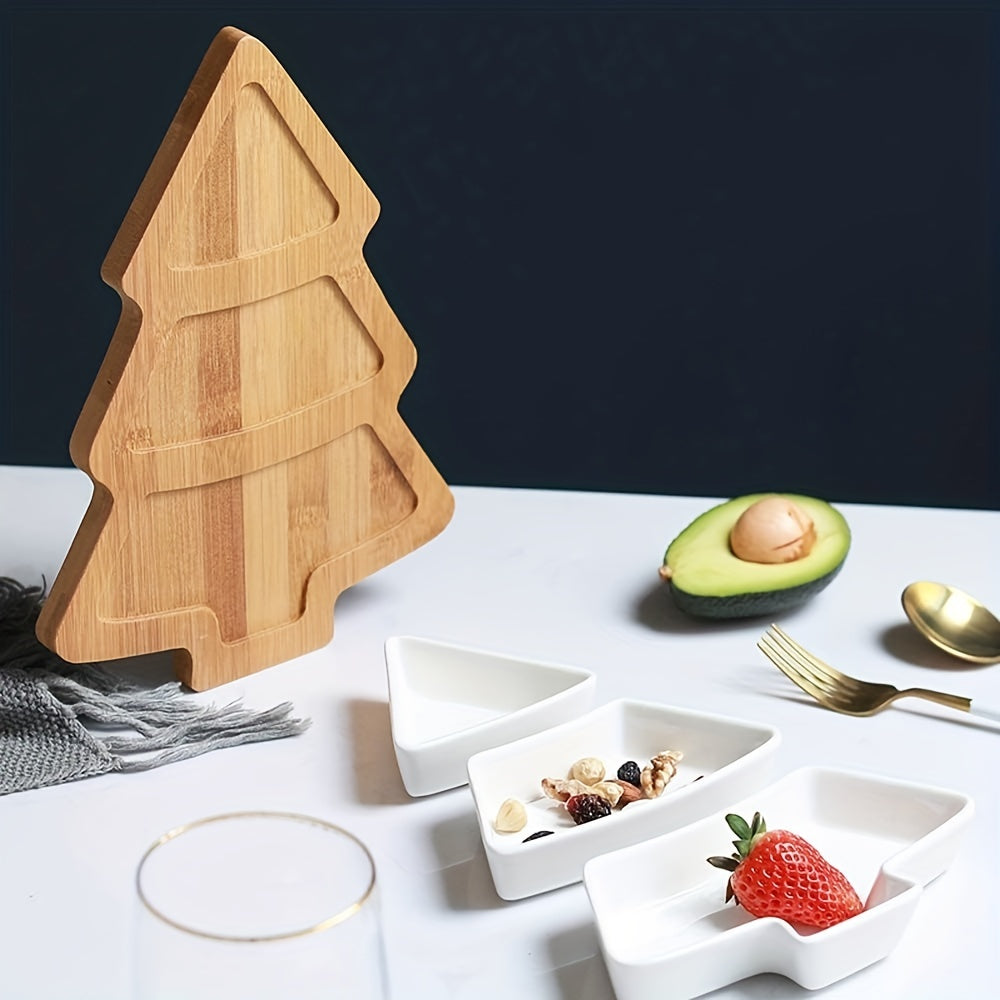 1set, Ceramic Breakfast Tray, Christmas Tree Shaped Plates Chip & Dip Set, Christmas Ceramic Snack Plate With Bamboo Tray, Removable Porcelain Tree Appetizer Dessert Fruit Salad Saucers Bowl, Cutlery Platter Serving Dish