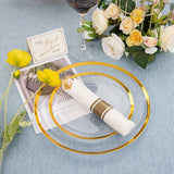 840pcs Gold Plastic Dinnerware set Include Wrapped Plastic Gold Silverware, Clear and Gold Plastic Plates, Disposable Cutlery Clear Plates with Gold Trim for Parties, Birthday Gifts 120Guests