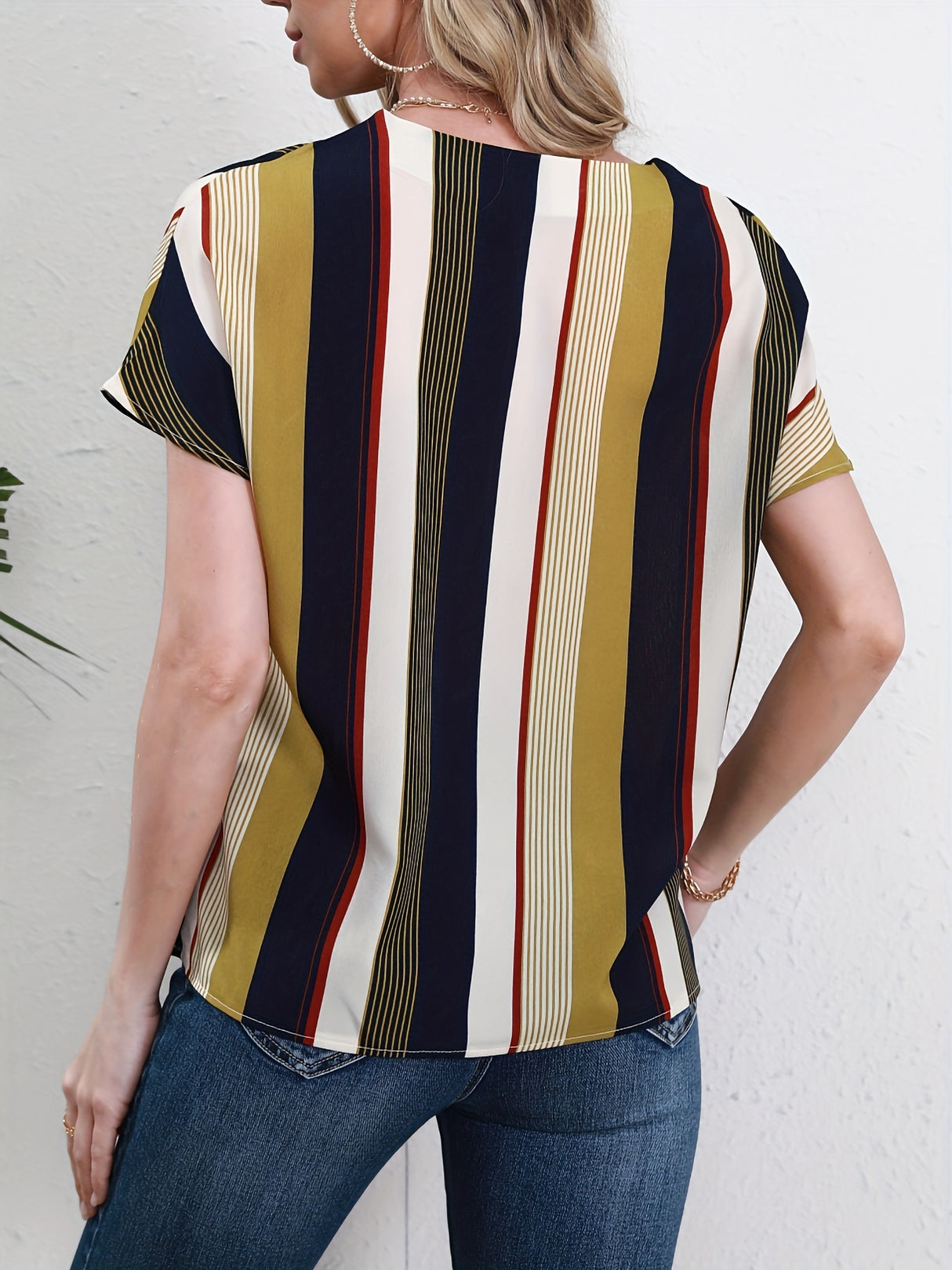 Striped Notched Neck Blouse, Casual Short Sleeve Blouse For Spring & Summer, Women's Clothing