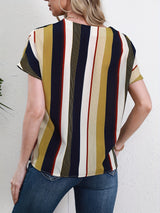 Striped Notched Neck Blouse, Casual Short Sleeve Blouse For Spring & Summer, Women's Clothing