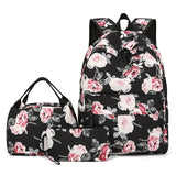 3-Piece Set Floral Fashion Backpack Collection - Stylish Student School Bag with Insulated Lunch Zipper Handbag & Detachable Zipper Clutch Bag for Girls and Women