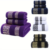 3pcs Cotton Towel Set 1 Bath Towel, 2 Towels - Contemporary Embroidered Geometric Pattern Design, Bathroom Essentials, Christmas Decoration, Christmas Gifts, Suitable for Autumn and Winter Seasons and for Giving to Family and