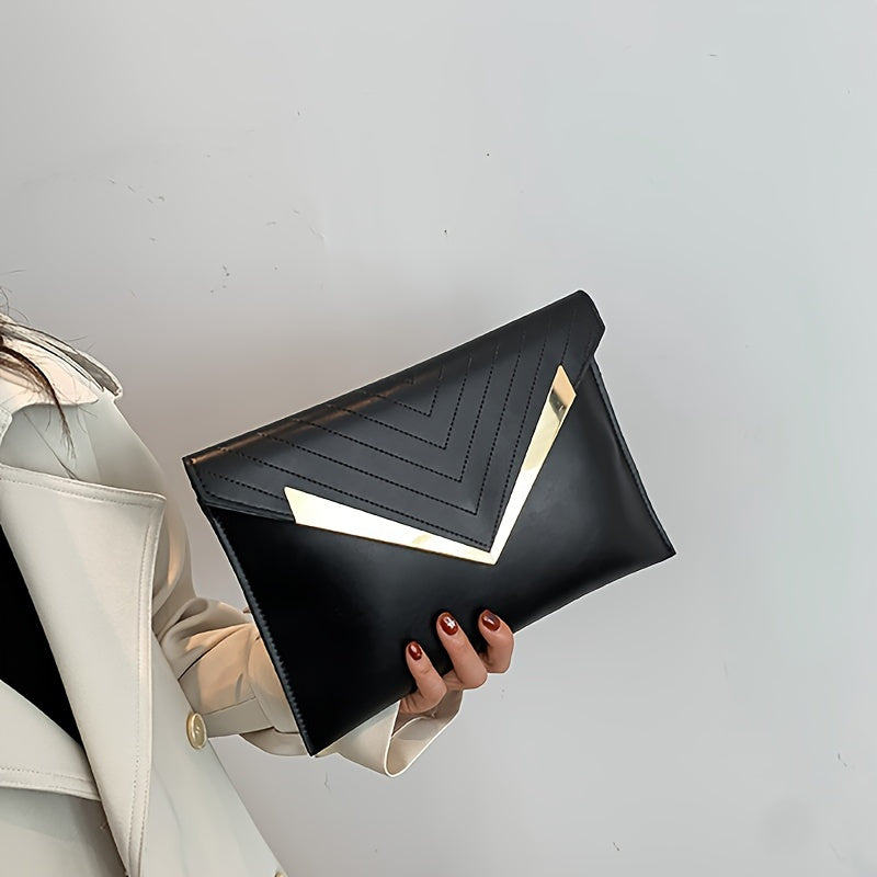 Luxury Envelope Clutch Bag - High-Quality PU Leather, Textured Wristlet with Eye-Catching Chevron Stitching, Sleek and Modern Design, Fashionable Evening Purse for Women