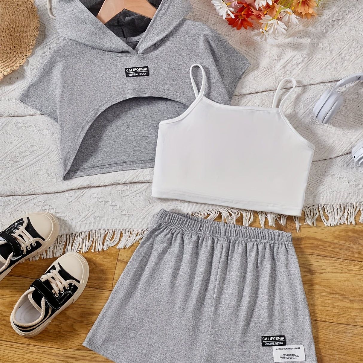 Girl's Stylish 3pcs, Hooded T-shirt & Camisole & Shorts Set, CALIFORNIA Patched Short Sleeve Top, Casual Outfits, Kids Clothes For Summer