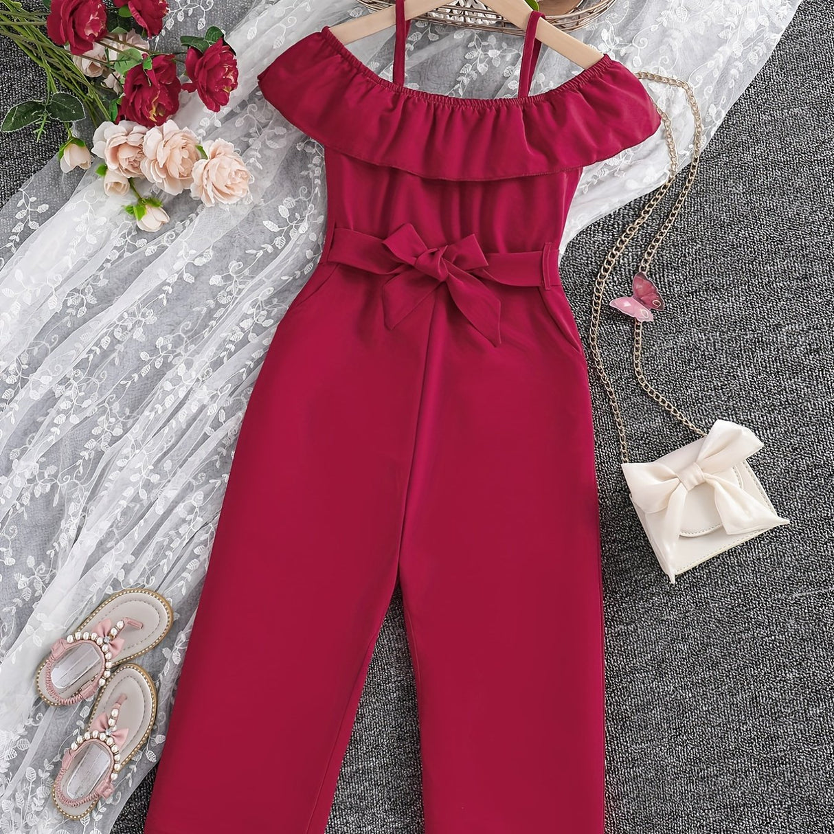 Girls Ruffle Cami Romper Belt Off Shoulder Elegant Summer Spring Autumn Kids Clothes