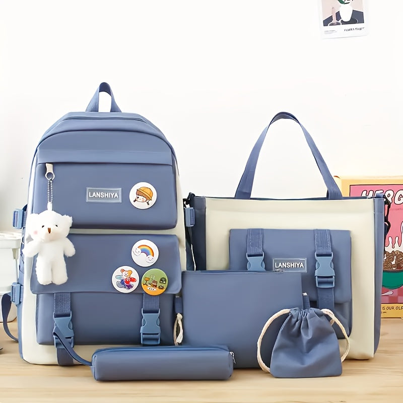 5pcs LANSHIYA Canvas Backpack Set - Solid Color, Casual Travel & School Bag with Messenger Bag, Large Capacity, Zipper Closure, Polyester Lining, Hand Wash/Dry Clean Care
