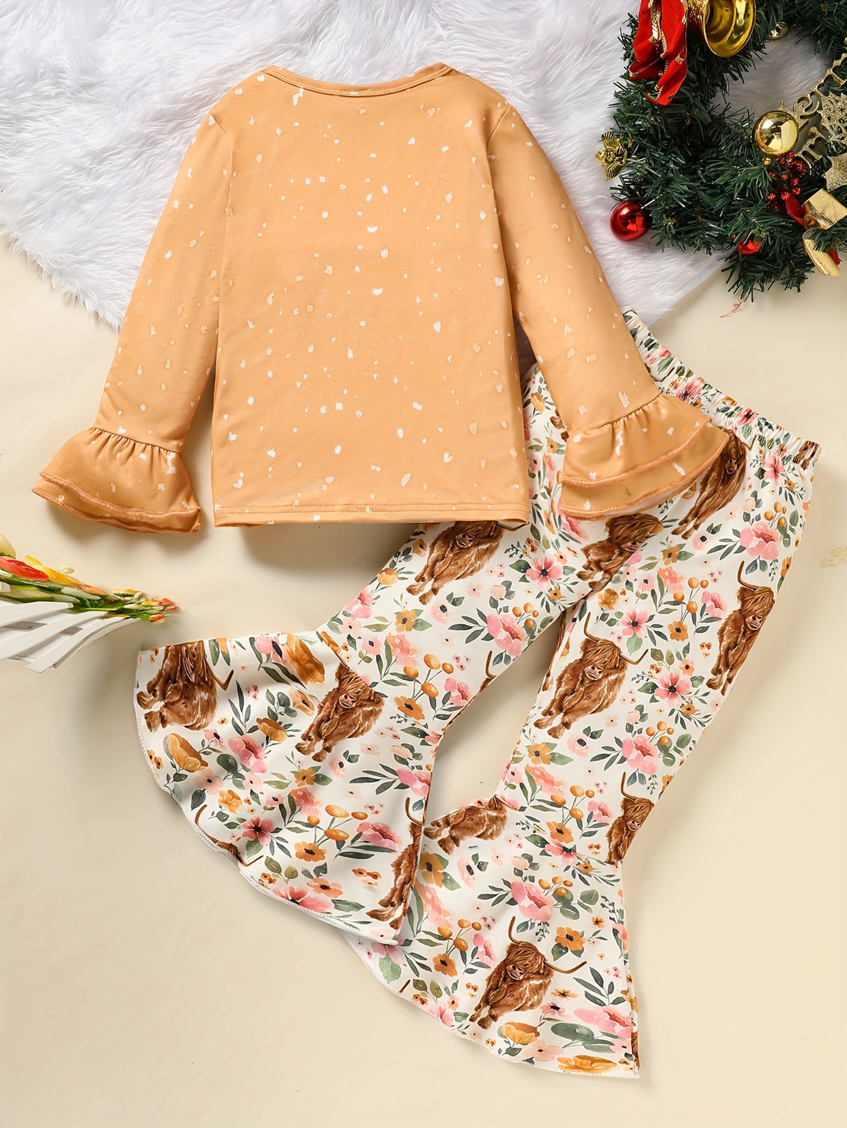 Zehjuhan Toddler Baby Girls Clothes Long Sleeve Round Collar Bull Head T Shirt Tops Print Flared Pants Casual Little Girls Outfit Set