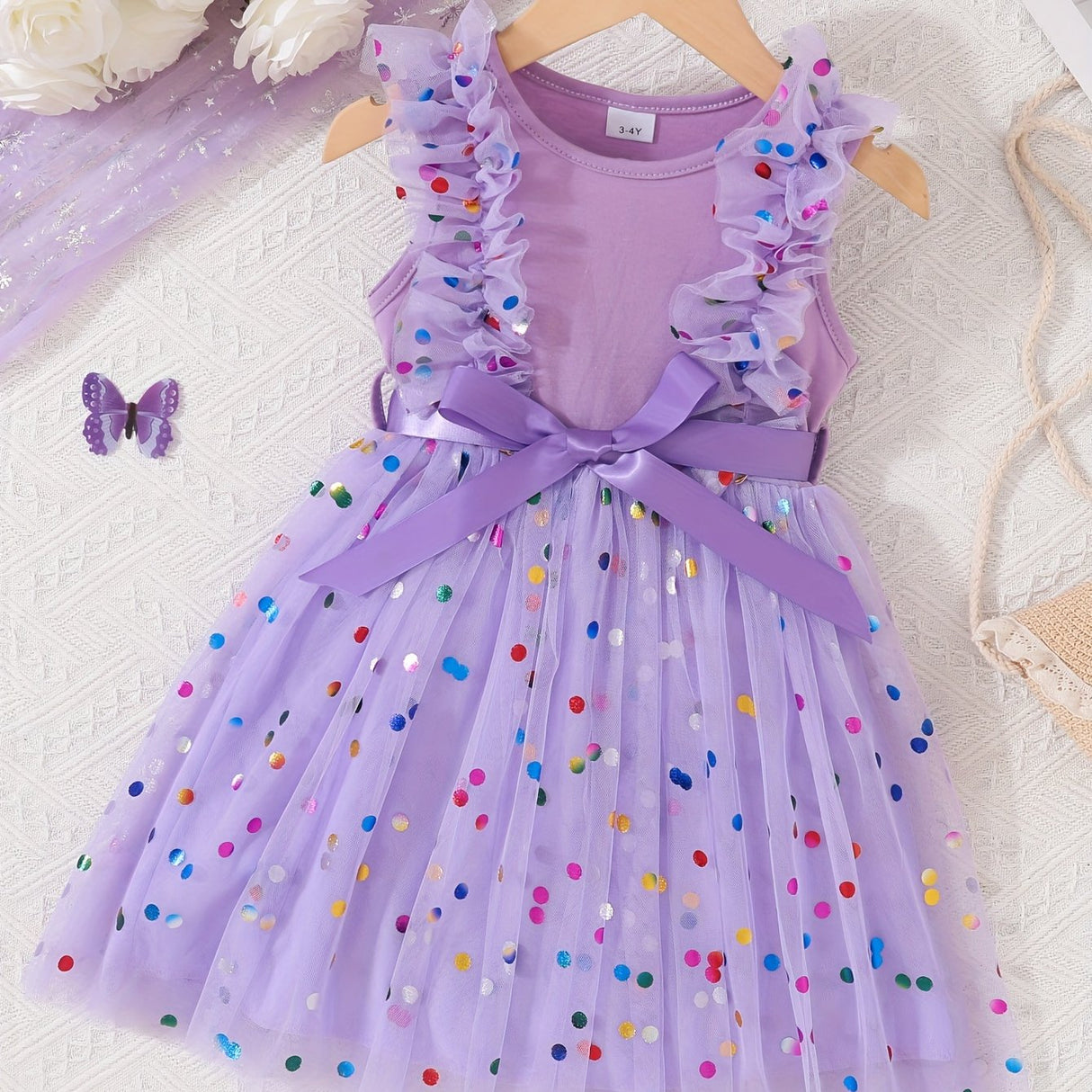 Vibrant Colorful Dot Pattern Flutter Sleeve Crew Neck Mesh Dress - Flowy Sleeves, Breathable Fabric, Matching Belt - Perfect Summer Gift for Little Girls and Princesses, Girls Clothing Collection