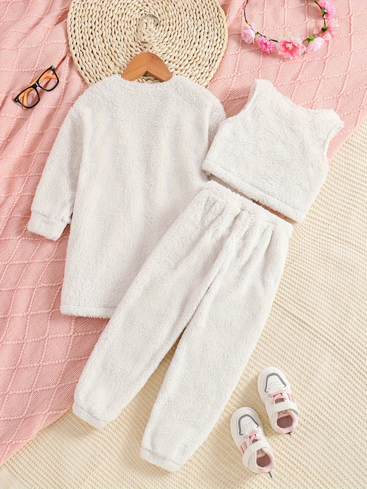 Double-sided Fleece 3pc Sets Toddler Girls Open Fron Jacket & Cami Tank Top & Jogger Pants Kids Clothes For Fall Winter Party
