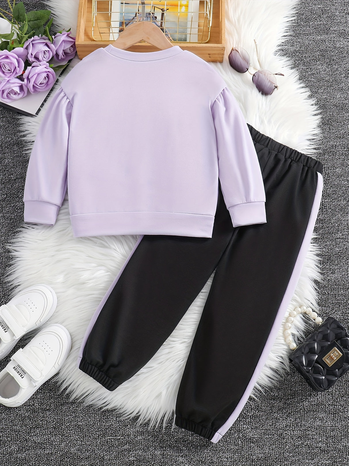 Girls 2pcs Sweatshirt & Elastic Waist Pants Set Bow Decor Long Sleeve Pullover Top Casual Kids Clothes Spring Fall