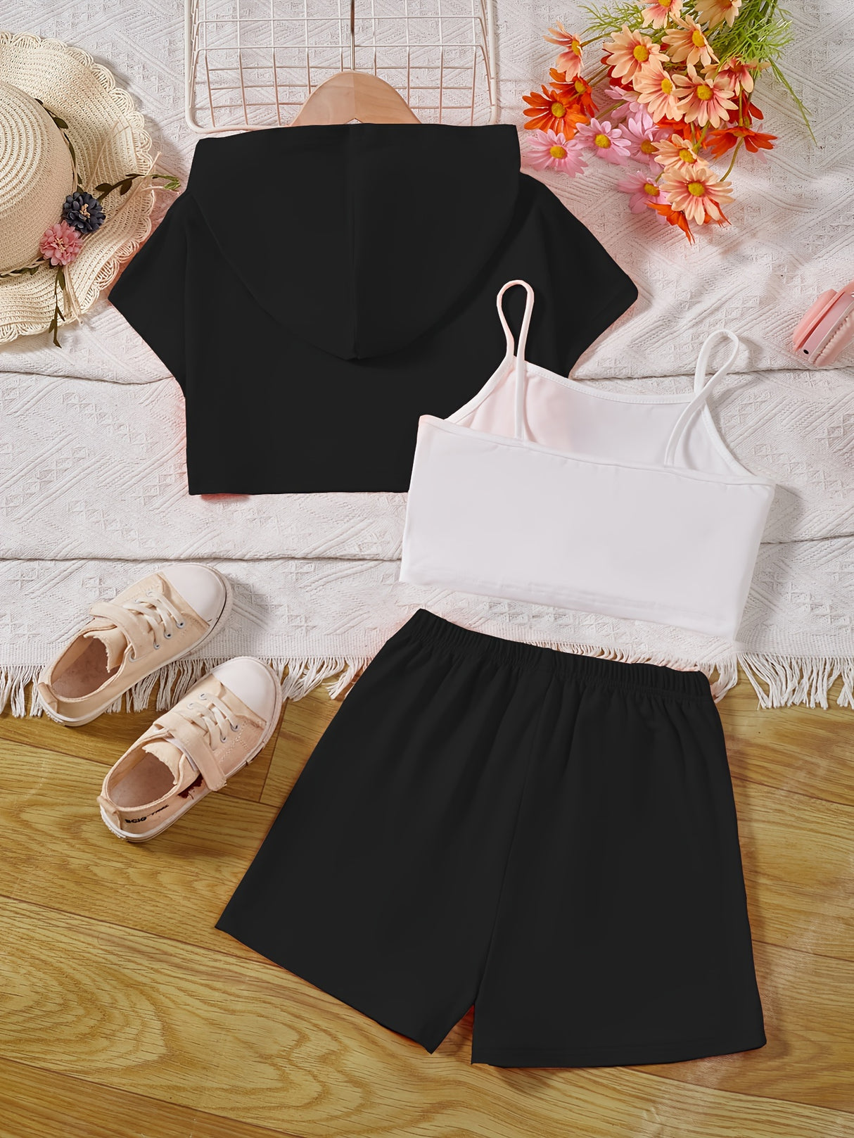 Girl's Stylish 3pcs, Hooded T-shirt & Camisole & Shorts Set, CALIFORNIA Patched Short Sleeve Top, Casual Outfits, Kids Clothes For Summer