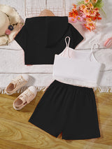 Girl's Stylish 3pcs, Hooded T-shirt & Camisole & Shorts Set, CALIFORNIA Patched Short Sleeve Top, Casual Outfits, Kids Clothes For Summer