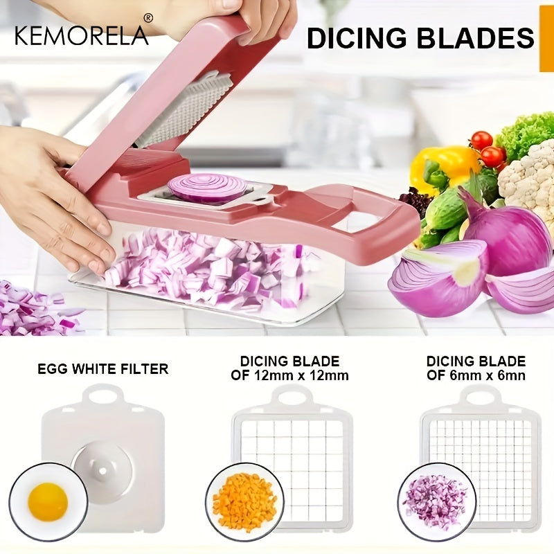 KEMORELA 16 in 1 Vegetable Chopper - Multifunctional Manual Food Slicer - Stainless Steel Blades, Plastic Mandoline Cutter with Interchangeable Grater Inserts - Fruit & Onion Mincer - Kitchen Gadget Essentials with Storage Co