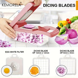 KEMORELA 16 in 1 Vegetable Chopper - Multifunctional Manual Food Slicer - Stainless Steel Blades, Plastic Mandoline Cutter with Interchangeable Grater Inserts - Fruit & Onion Mincer - Kitchen Gadget Essentials with Storage Co