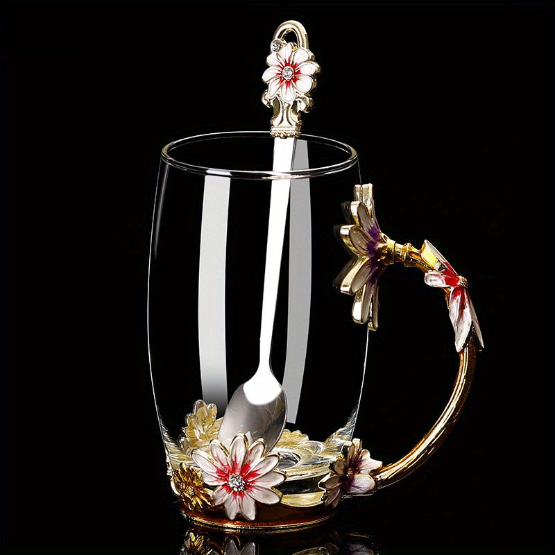 Elegant Ramadan Rose Enamel Glass Tea Cup with Spoon - BPA-Free, Crystal-Embellished Mug for Hot Drinks, Ideal Gift
