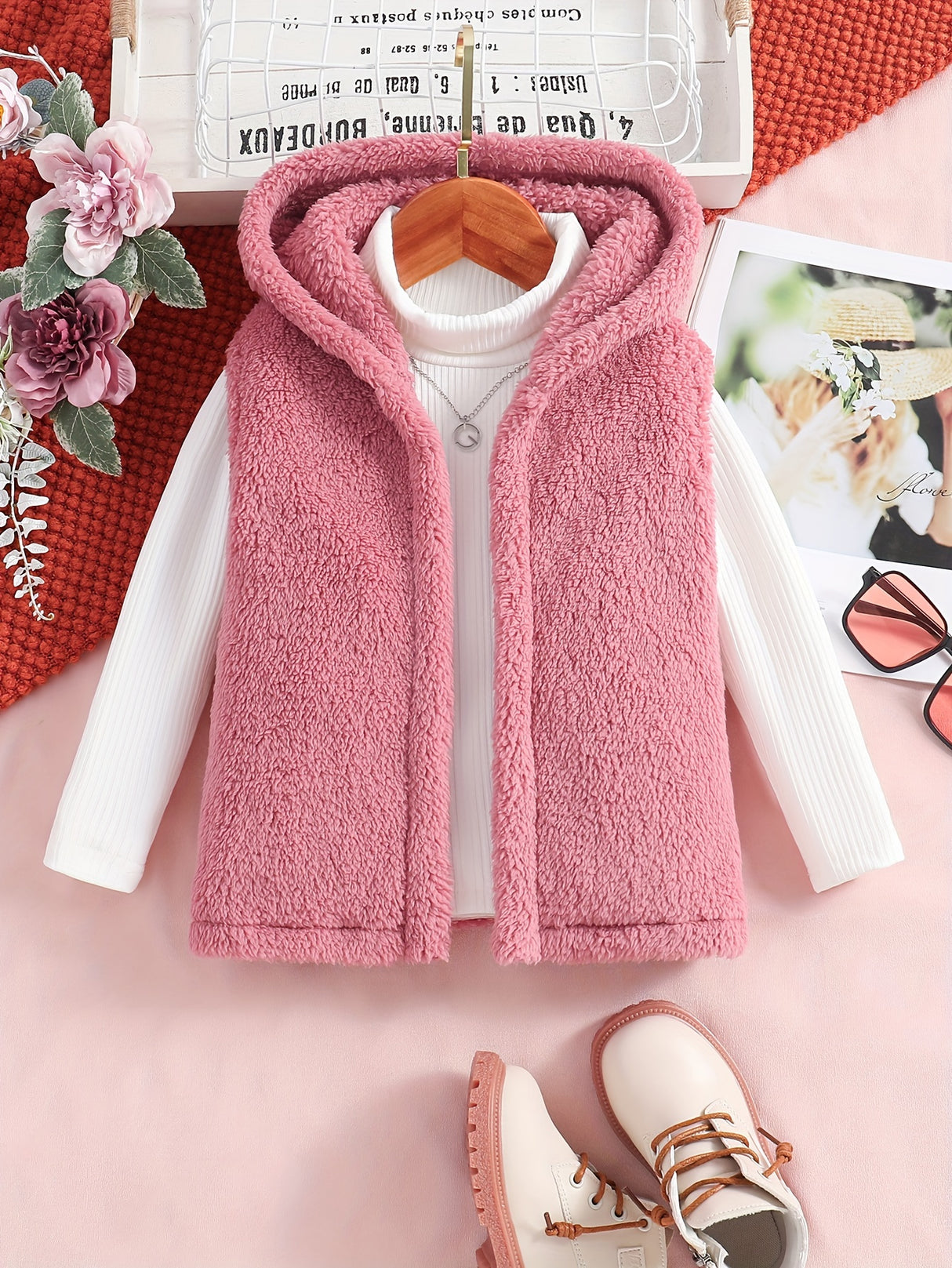 Comfy 2pcs Girls, Plush Sleeveless Hooded Jacket + Turtleneck Pullover Set Kids Clothes For Spring Fall Winter Gift