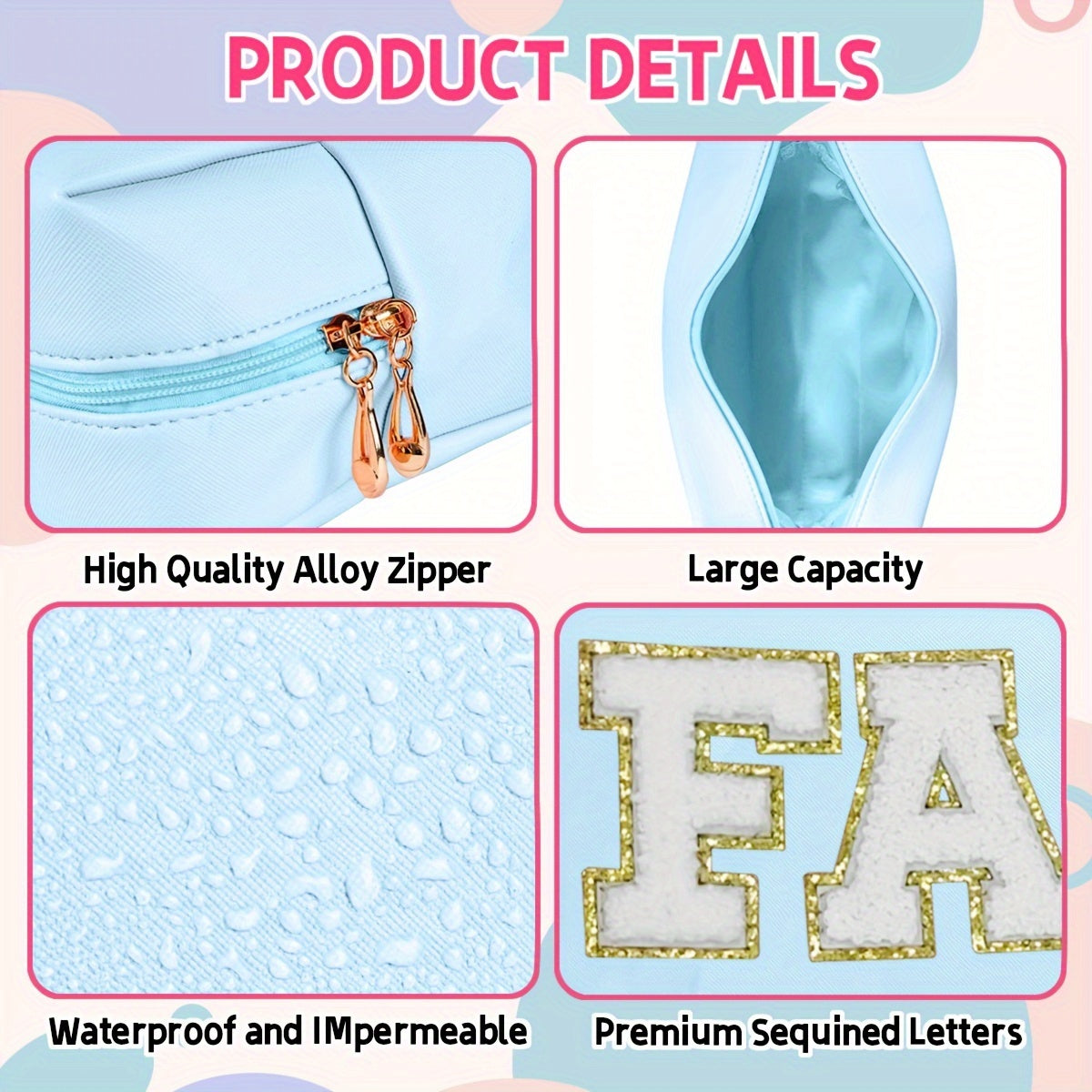 1/3pcs CHENILLE Preppy Makeup Bag for Women Travel Toiletry Bag Chenille Letter Cosmetic Bag PU Leather Waterproof Pouch Cute Zipper Organizer, Skin, Hair and Face