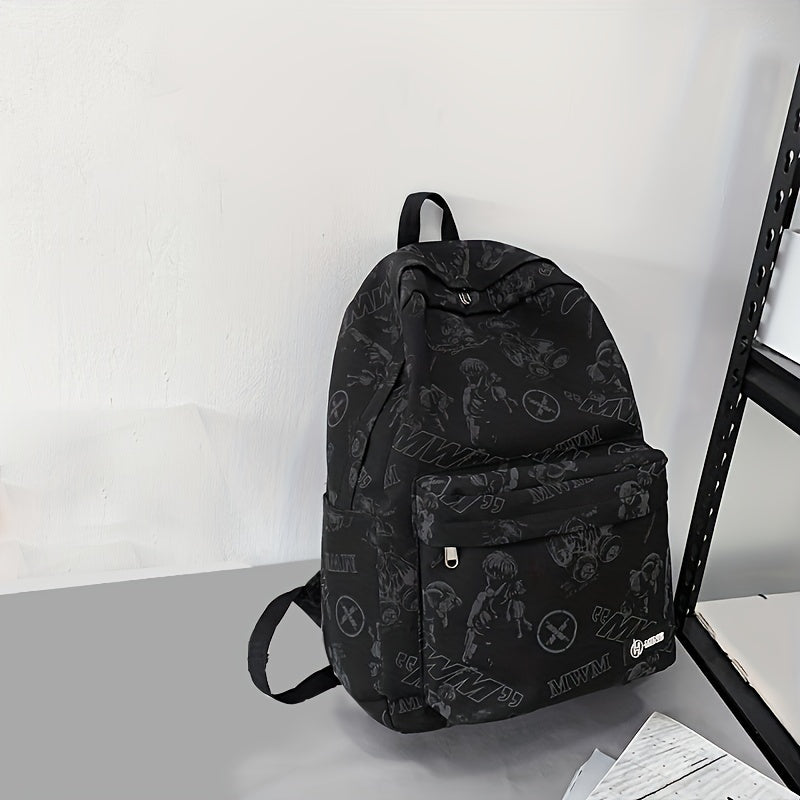 Reflective Graffiti-Style Large Capacity Backpack - Durable Nylon, Casual College & High School Bag with Laptop Compartment, Hand-Washable, Black with White & Gray Graphics, Backpack for School