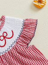 Toddler Girls Patriotic 4th of July Dress with American Flag Embroidery, Ruffled Sleeves & Bow Detail - Red Gingham A-Line Cotton Blend Beach Party Outfit for Independence Day Celebrations, Little Girls Outfit Sets