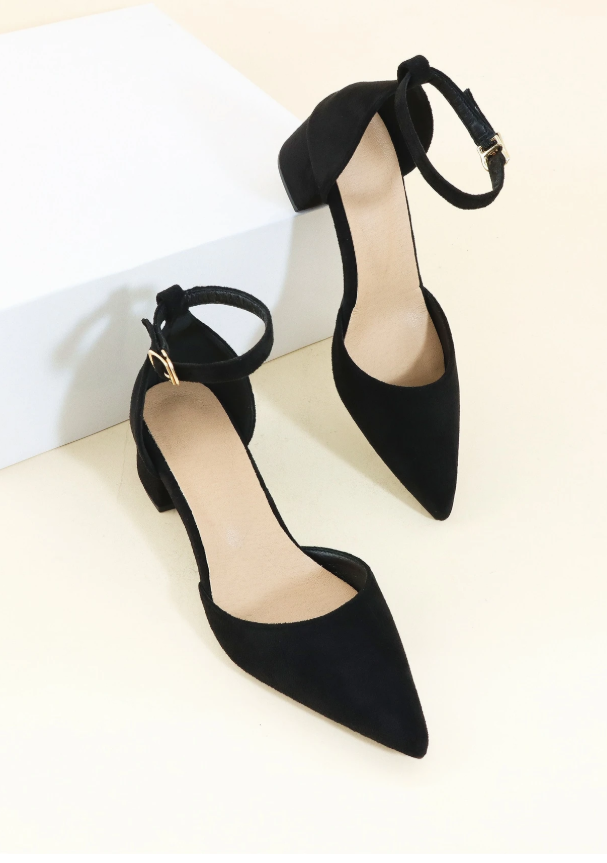 Women Minimalist Point Toe Chunky Heeled Faux Suede Ankle Strap Pumps