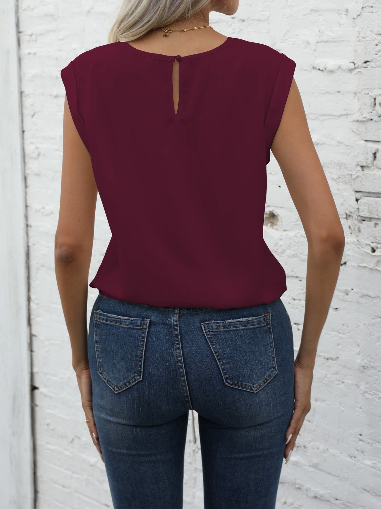 Chic Keyhole Back Tie Front Blouse - Effortless Casual Style with Classic Crew Neck Design - Perfect for Womens Spring and Summer Fashion