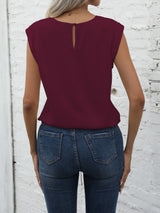Chic Keyhole Back Tie Front Blouse - Effortless Casual Style with Classic Crew Neck Design - Perfect for Womens Spring and Summer Fashion
