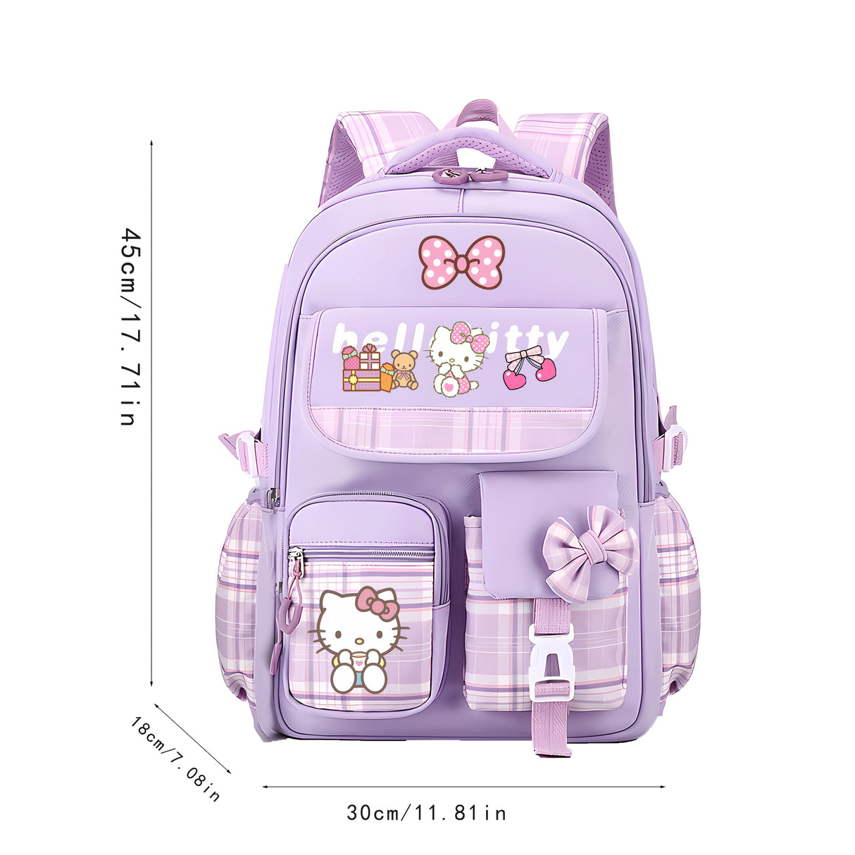 Sanrio Hello Kitty Backpack with 2 Free Hairpins - Large Capacity Laptop Backpack, Lightweight School Bag with Adjustable Straps & Zipper Closure, Cute Purple Plaid & Hello Kitty Prints, Gift for Girls, Birthday, Sanrio Fans