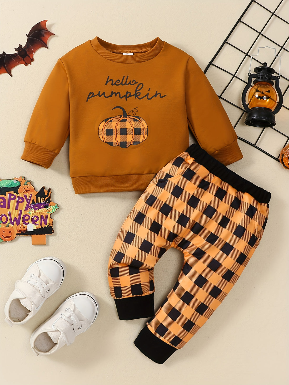 Toddler Boys Halloween Sets Long Sleeve Letter Pumpkin Print Tops Plaid Pants Sets