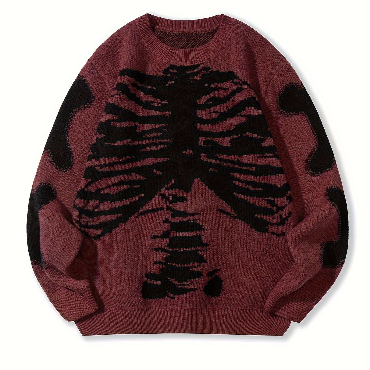 Skeleton Pattern Knitted Sweater, Men's Casual Warm Mid Stretch Crew Neck Pullover Sweater For Men Fall Winter