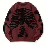 Skeleton Pattern Knitted Sweater, Men's Casual Warm Mid Stretch Crew Neck Pullover Sweater For Men Fall Winter