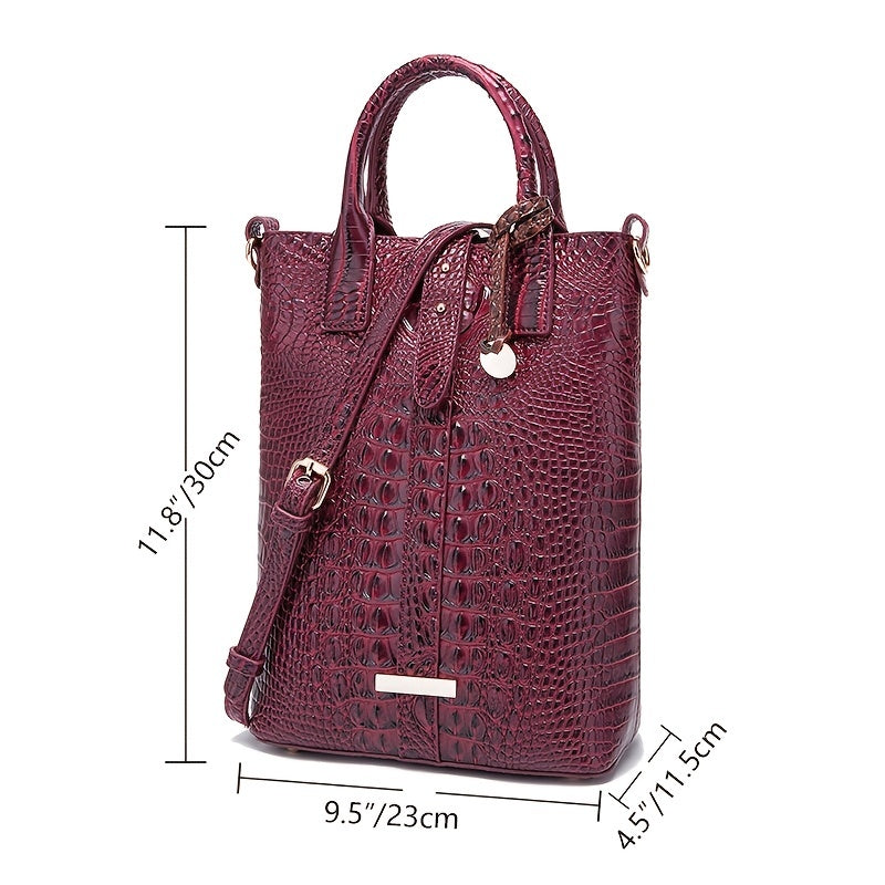 Luxurious Crocodile Embossed PU Tote Bag - Removable Strap, Buckle Closure, Edge Painted - Classic Womens Office and Work Purse for Trendy Ladies