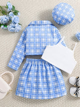 Girl's Trendy 4pcs, Long Sleeve Blazer & Beret Hat & Camisole & Skirt Set, Plaid Print Casual Outfits, Kids Clothes For Spring Summer