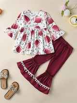 Girls' Cute 2-piece Outfits, Rugby Graphic Pullover & Flare Pants, Comfy Sets Kids Clothes For Spring Fall Christmas