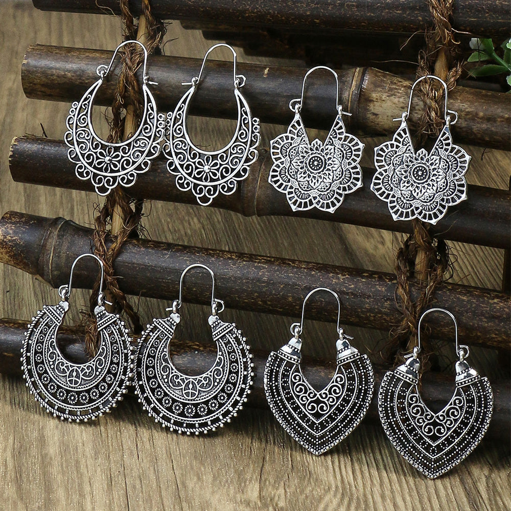 Boho Hollow Dangle Earrings - Vintage Ancient Silver U-Shaped Jewelry for Women