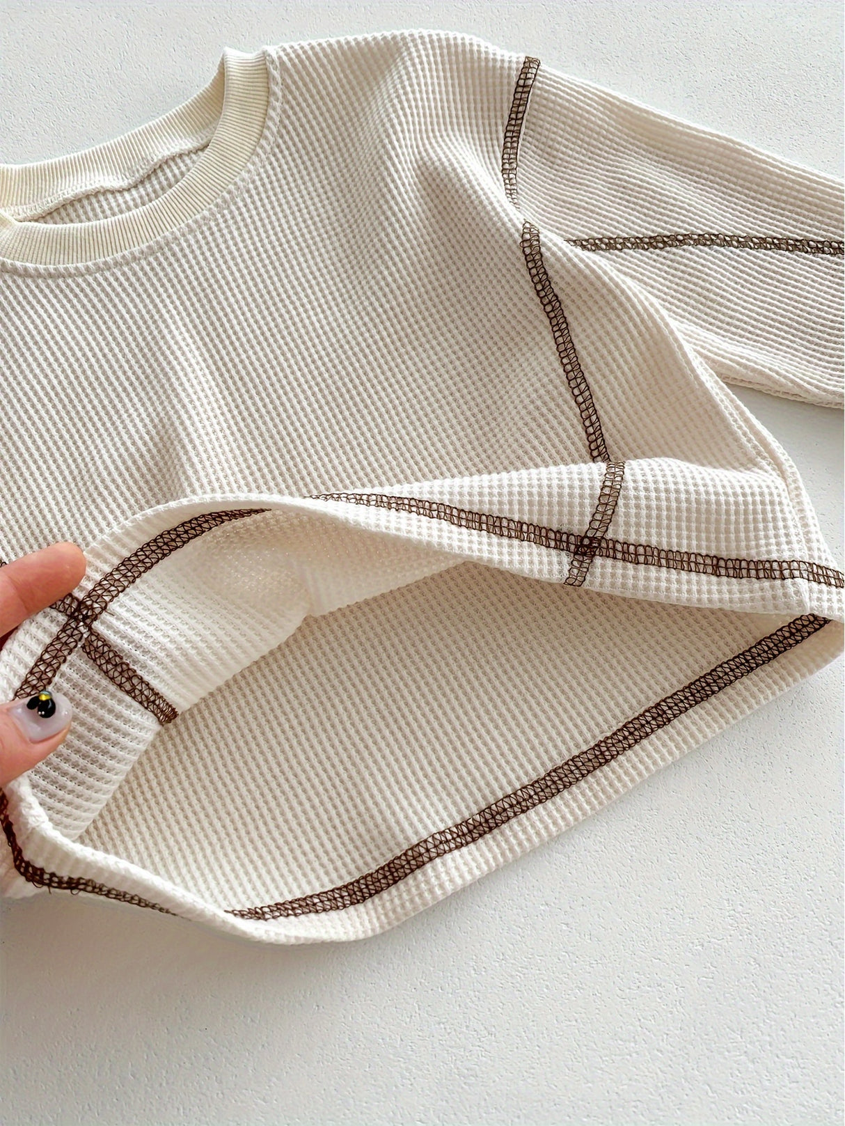 2pcs 2-Piece Waffle Textured Long Sleeve Baby Boy Set: Fall/Spring Casual Tops & Pants