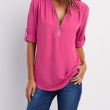 Solid V Neck Blouse, Casual Ruched Rollable Sleeve Half Zip Blouse, Women's Clothing