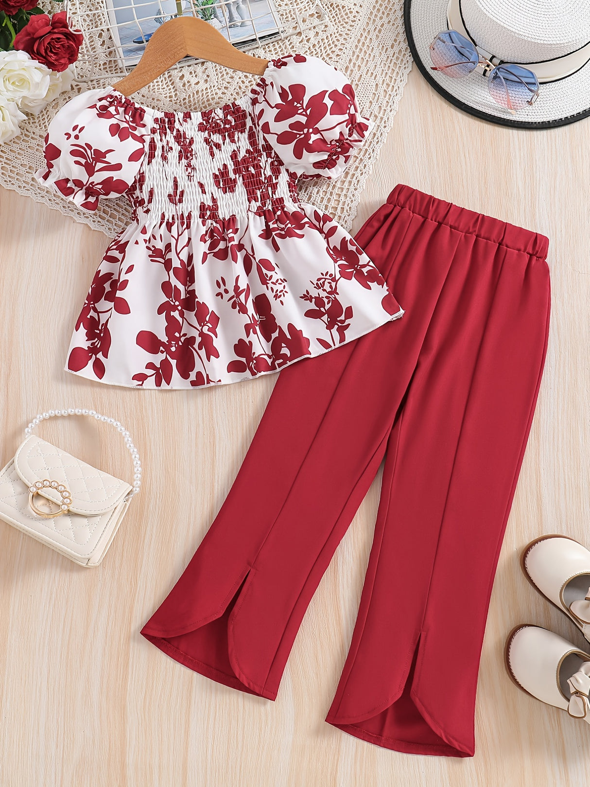 Girls 2pcs Shirred Shirt & Elastic Waist Flared Pants Set Floral Print Short Puff Sleeve Top Elegant Kids Clothes Summer