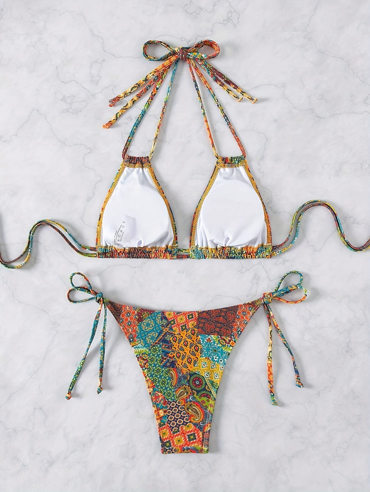 2 Piece Set Triangle Halter Tie Strap Bikini Swimsuit With Shoulder Strap Allover Printed Retro Bohemian Style Swimsuit For Women